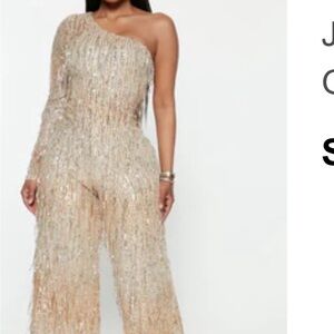 Fashion Nova One-Shoulder Glitter Jumpsuit in Gold